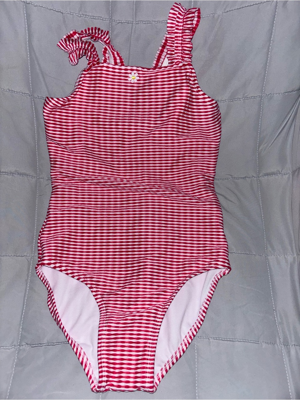 Cat & Jack Pink and White Striped Ruffle-Shoulder One-Piece Swimsuit